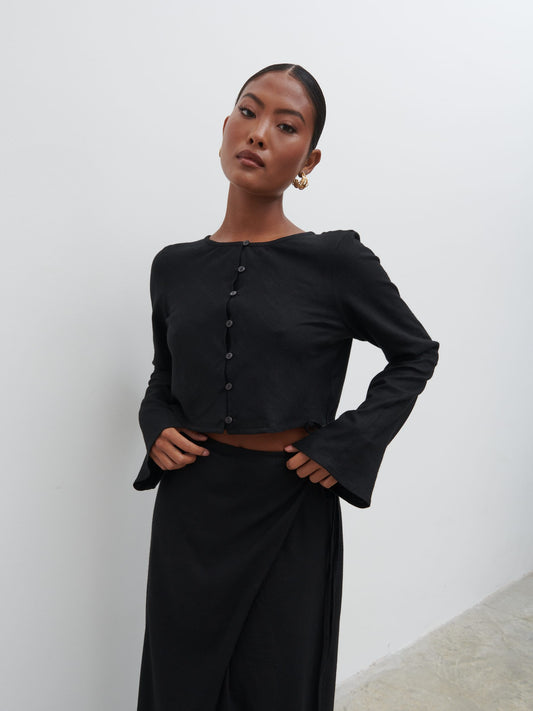Abigail Button Front Linen Blouse - Black