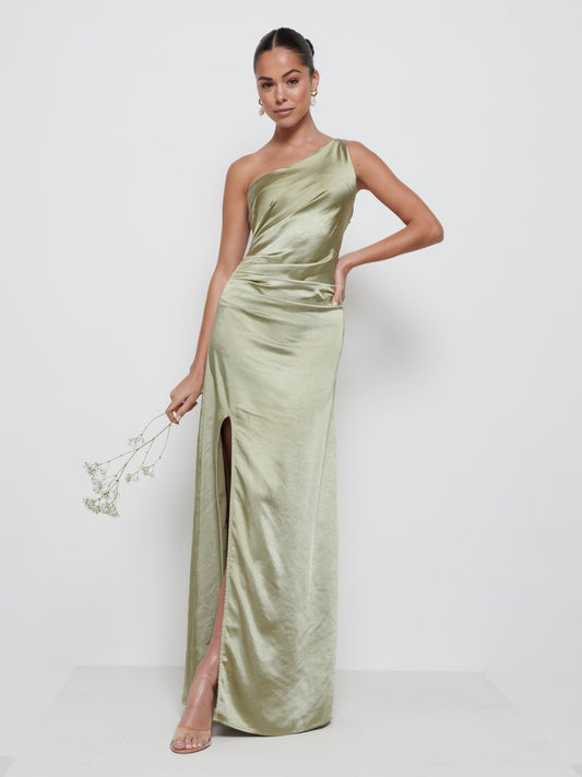Amelia Ruched Maxi Bridesmaid Dress - Matte Olive