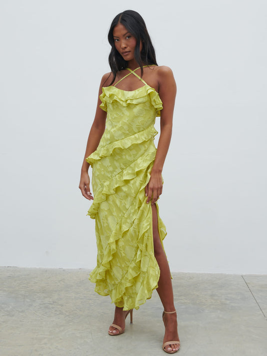 Aryana Jacquard Ruffle Midaxi Dress - Chartreuse