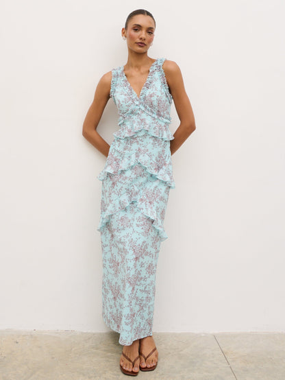 Aurelia Ruffle Maxi Dress - Seaspray and Brown Floral