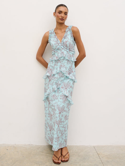 Aurelia Ruffle Maxi Dress - Seaspray and Brown Floral