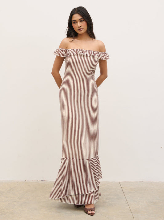 Aveline Bardot Maxi Dress - Brown and Cream Stripe