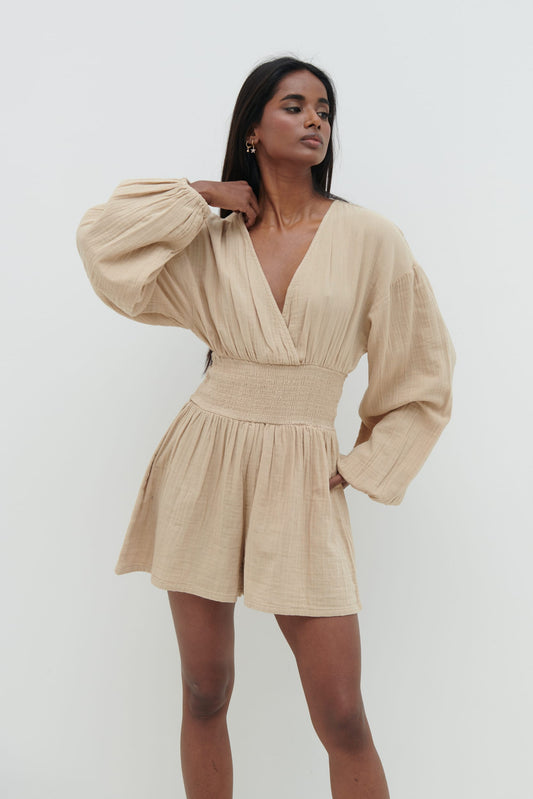 Blake Shirred Playsuit - Beige