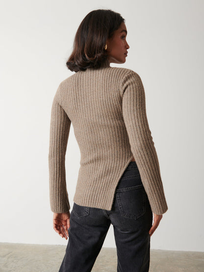 Charley Turtle Neck Asymmetric Hem Knit Top - Mushroom