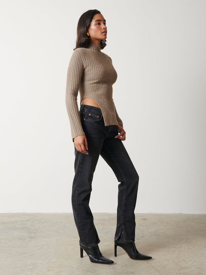 Charley Turtle Neck Asymmetric Hem Knit Top - Mushroom