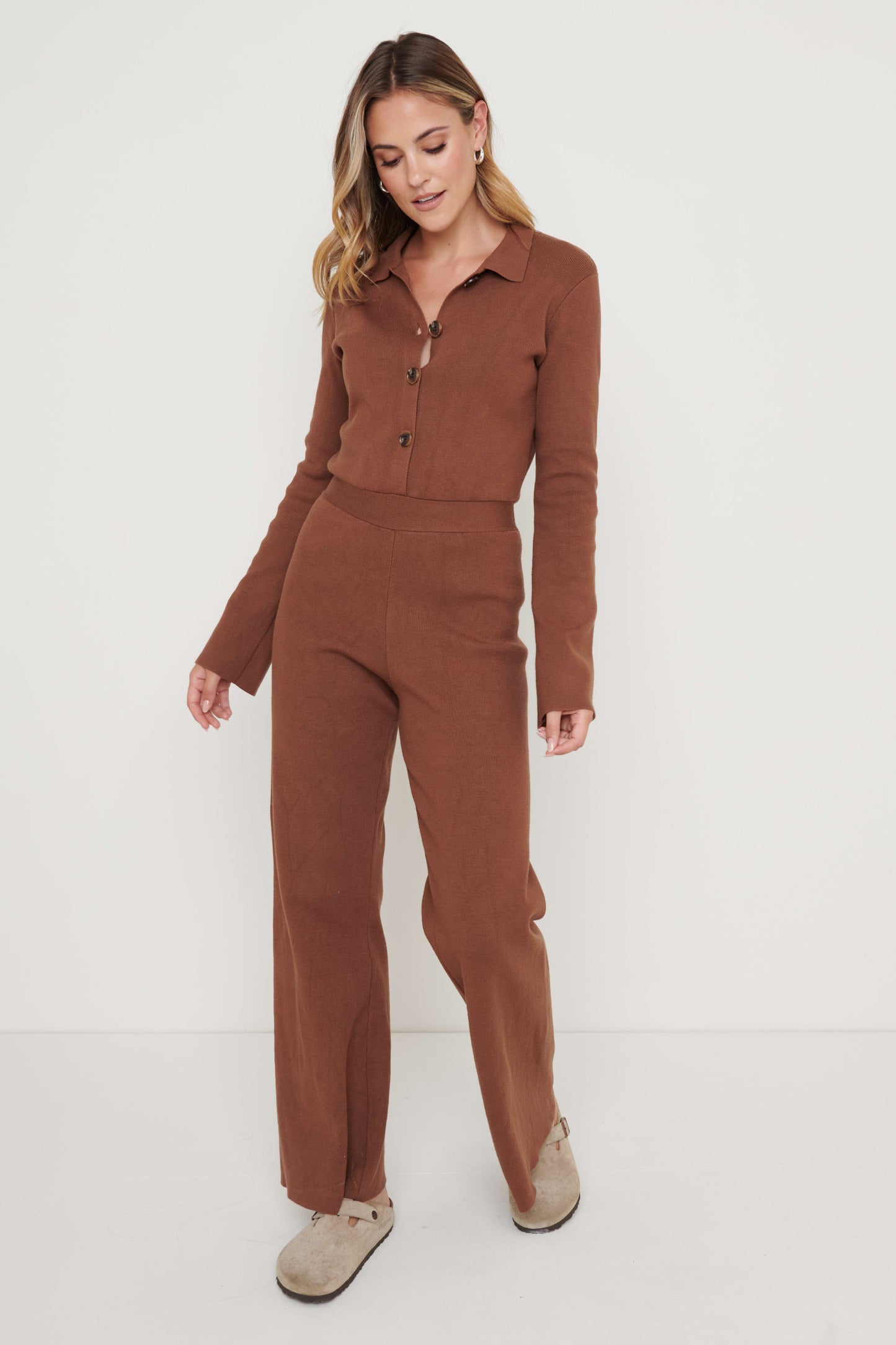 Daisy Wide Leg Knit Jumpsuit- Brown