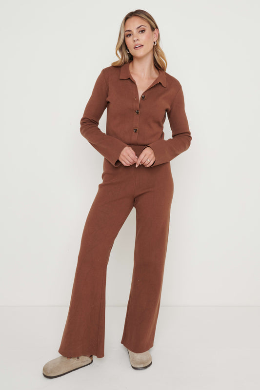 Daisy Wide Leg Knit Jumpsuit- Brown