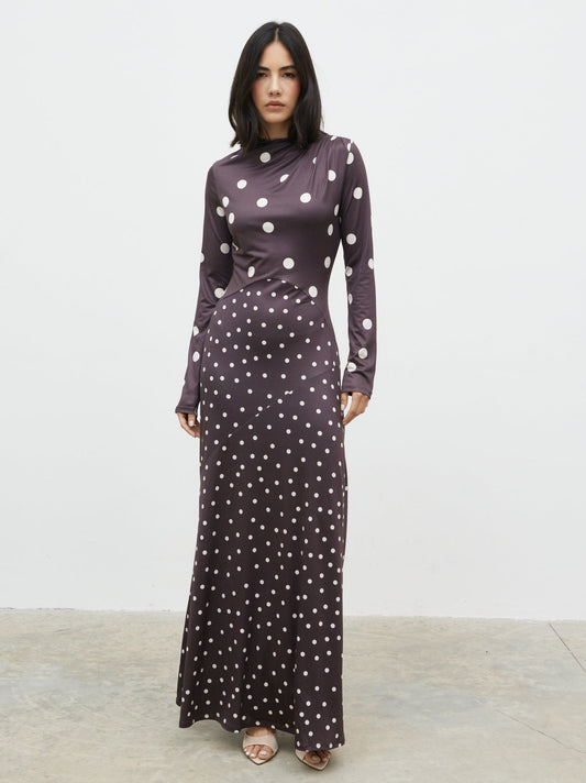 Delilah Asymmetric Maxi Jersey Dress - Polka Dot