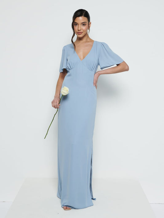 Edie Chiffon Short Sleeve Maxi Bridesmaid Dress - Dusty Blue