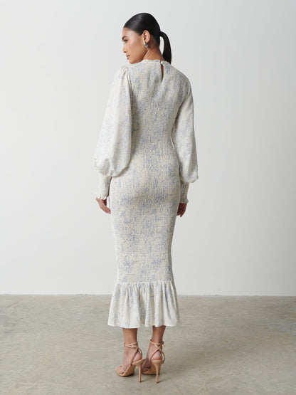 Elise Cut Out Shirred Printed Midaxi Dress - Peony Abstract Floral Print