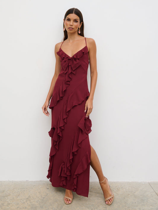 Elle Ruffle Bow Maxi Dress - Wine