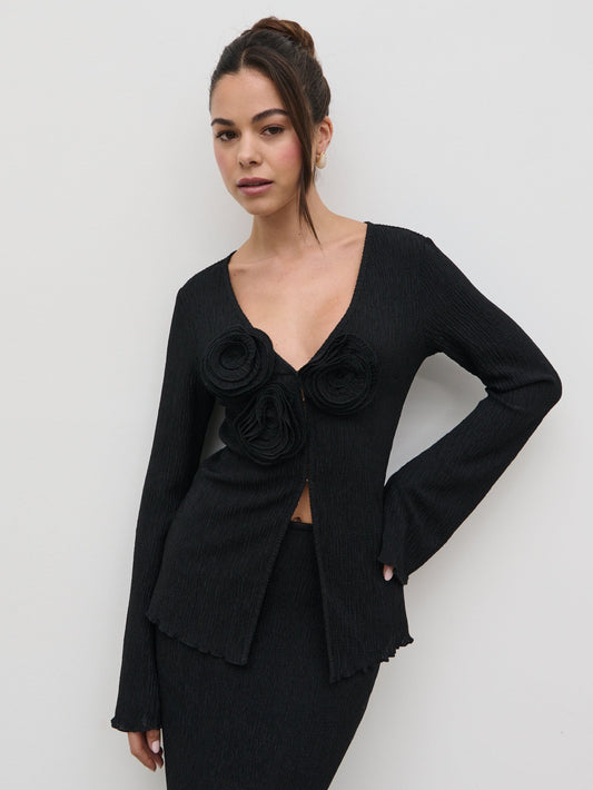 Evalina Crinkle Corsage Detail Top - Black