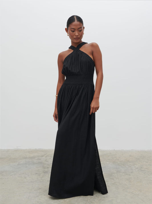 Hollie Shirred Maxi Dress - Black
