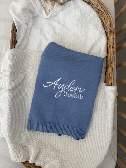 Personalised knitted blanket in blue, embroidered Ayden Josiah