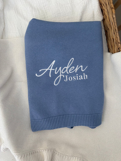Personalised blue blanket with embroidered Ayden Josiah