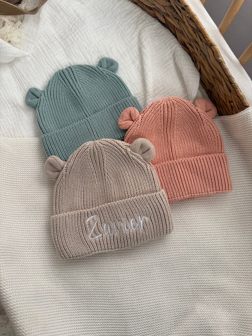 Personalised knitted teddy bear hat, grey, dusty green and peach with embroidered name
