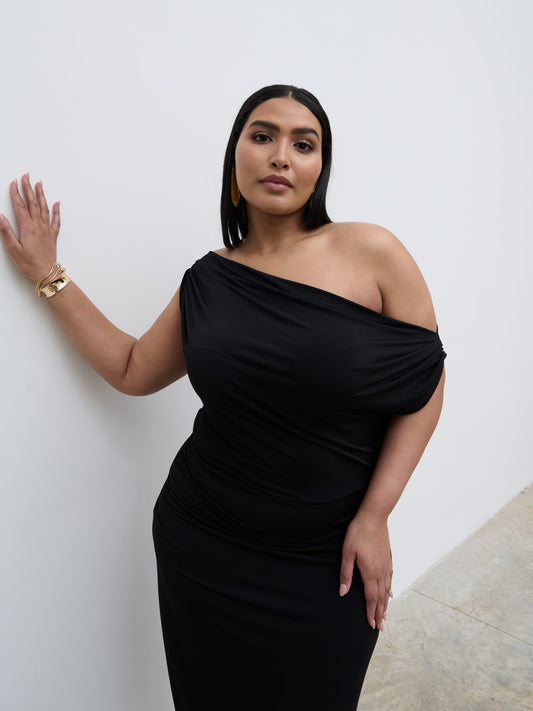 Janece Asymmetric Jersey Dress Curve - Black