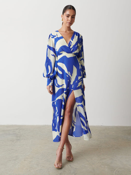 Lilianna Backless Balloon Sleeve Printed Dress - Blue Abstract