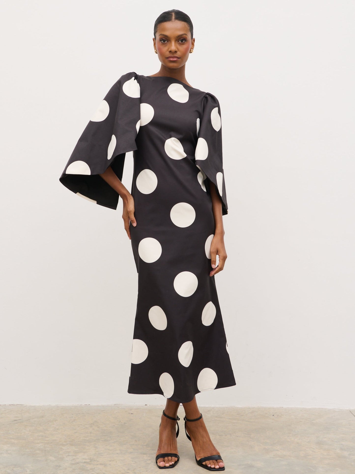Liora A-Line Midaxi Dress - Black and Cream Polkadot