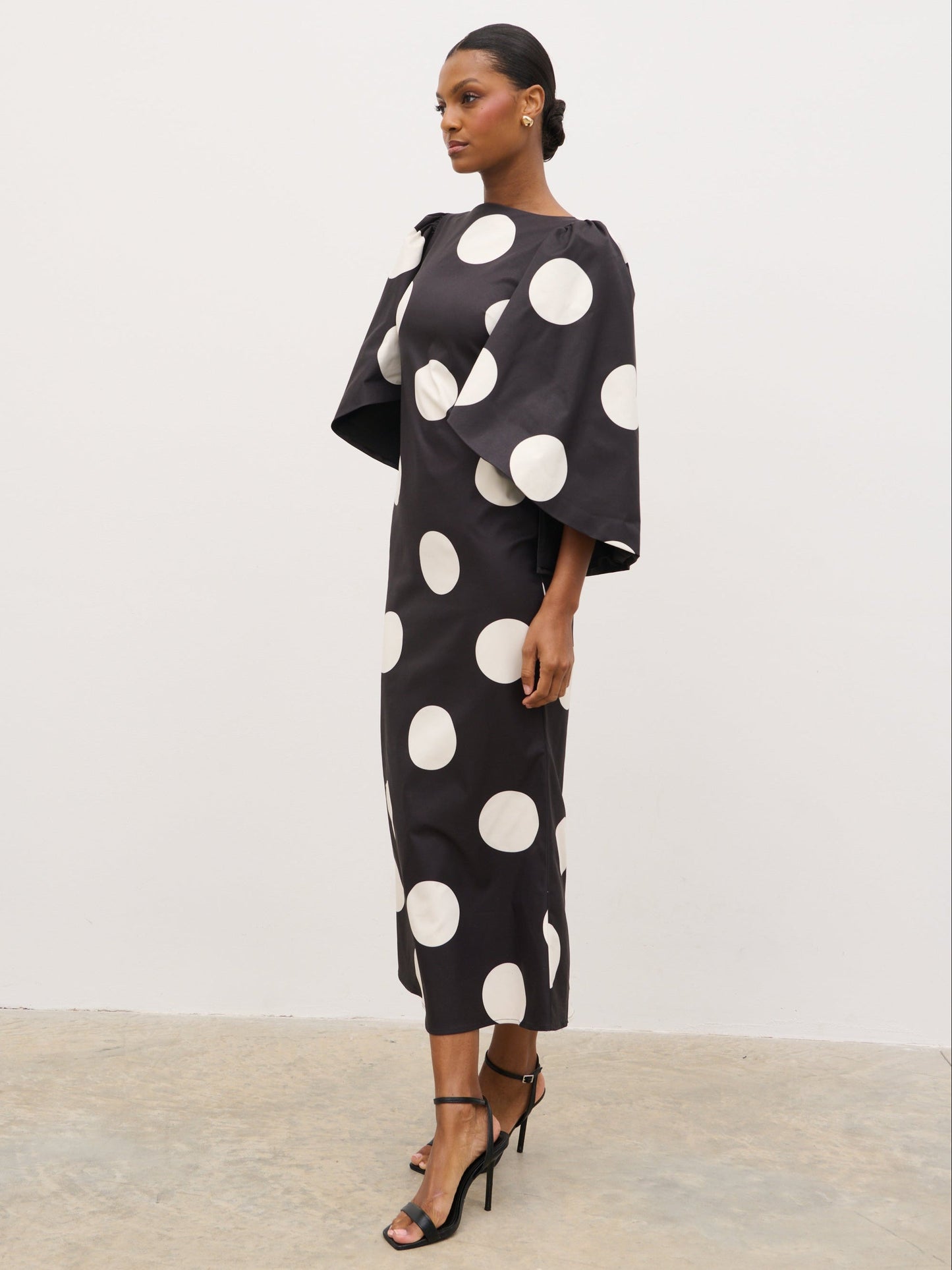 Liora A-Line Midaxi Dress - Black and Cream Polkadot