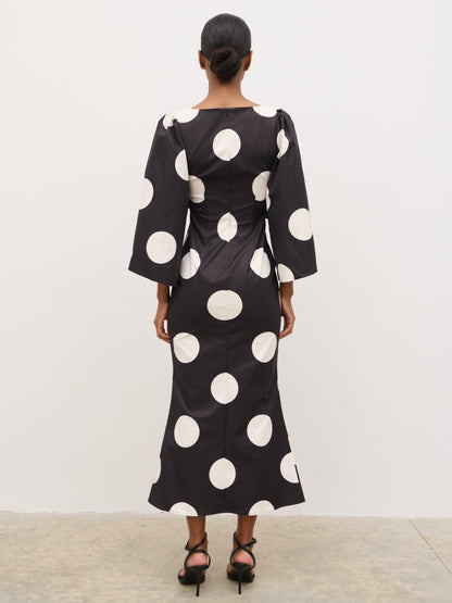 Liora A-Line Midaxi Dress - Black and Cream Polkadot