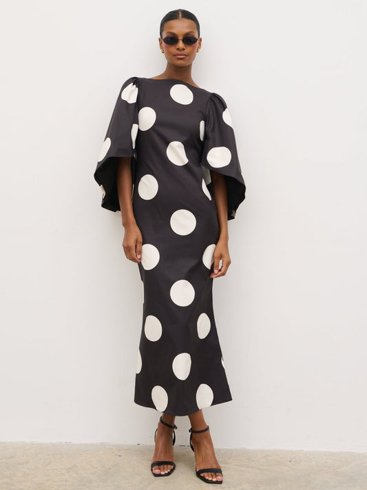 Liora A-Line Midaxi Dress - Black and Cream Polkadot