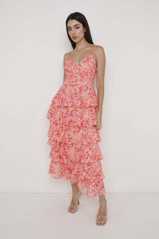 Lissy Ruffle Midaxi Dress - Orange and Pink Floral