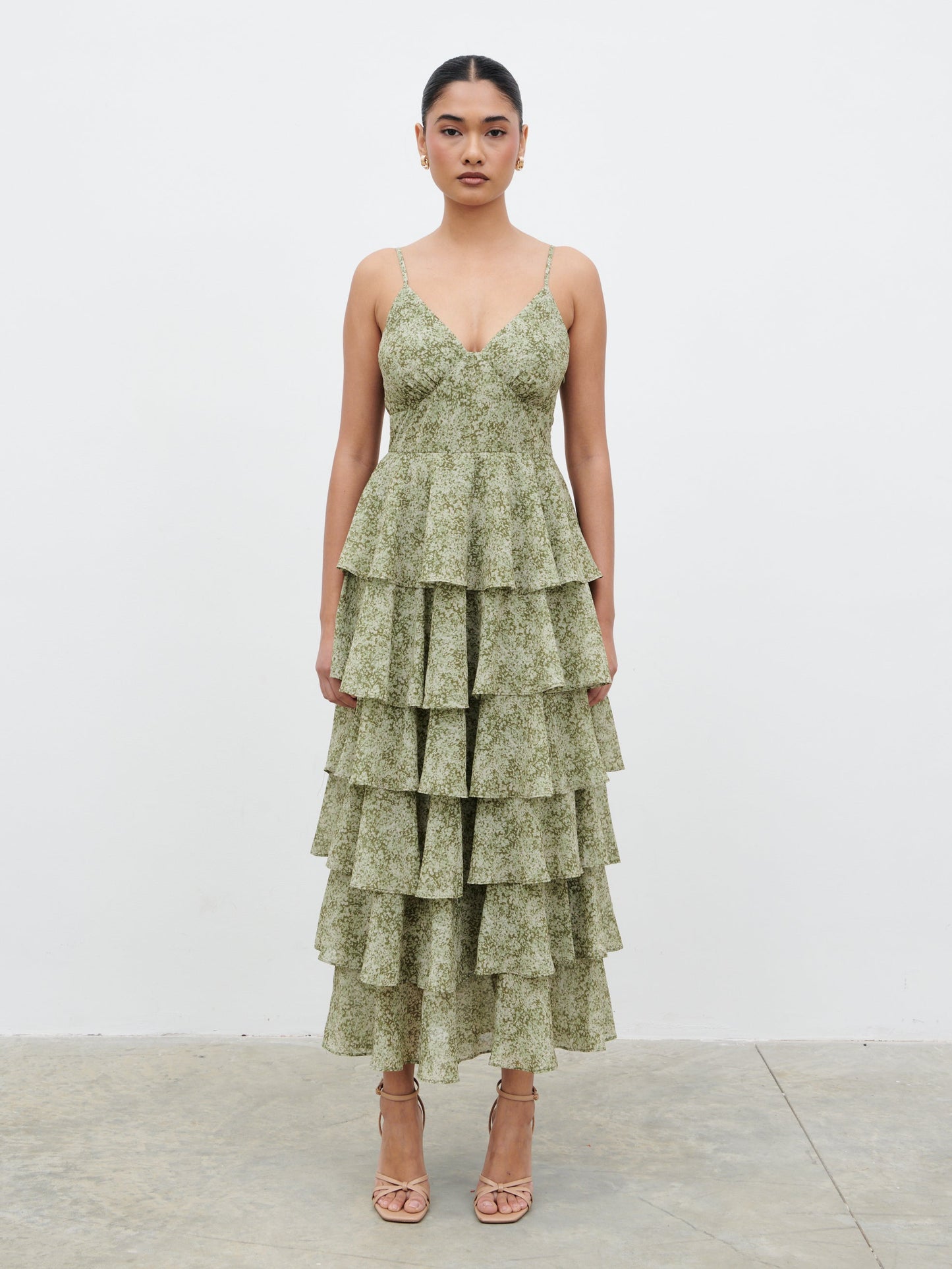 Lissy Ruffle Midaxi Dress - Green Abstract Print