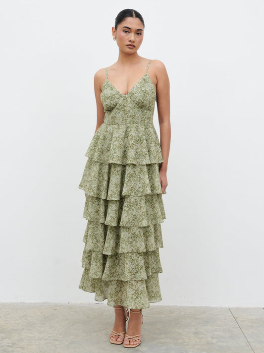 Lissy Ruffle Midaxi Dress - Green Abstract Print