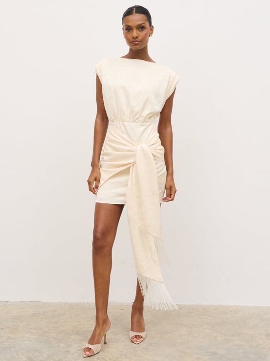 Hattie Jacquard Mini Fringed Dress - Cream