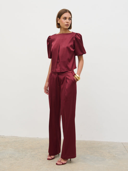 Lorah Wide Leg Bonded Satin Trousers - Wine