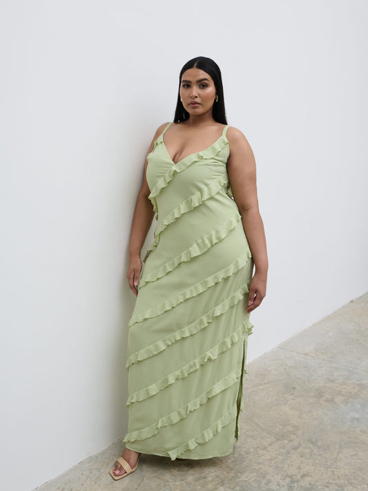 Nadine Ruffle Maxi Dress Curve - Pistachio