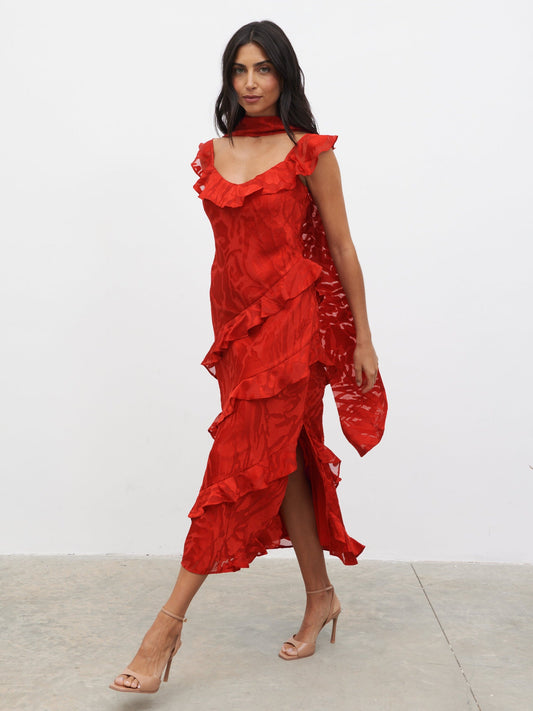 Neima Devore Frill Midaxi Dress - Red