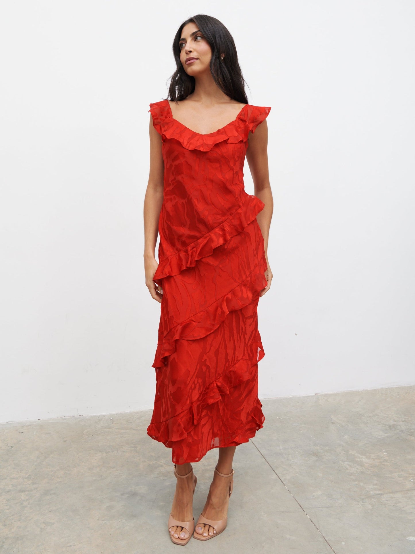 Neima Devore Frill Midaxi Dress - Red