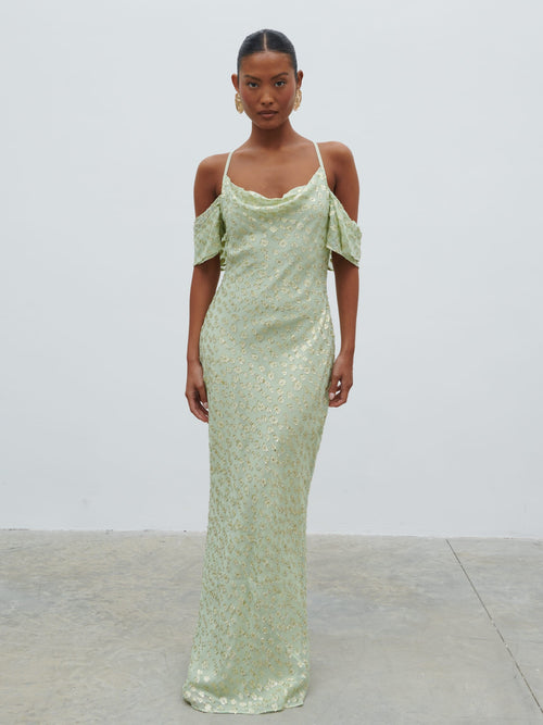 Nia Draped Cold Shoulder Maxi Dress - Pistachio Metallic