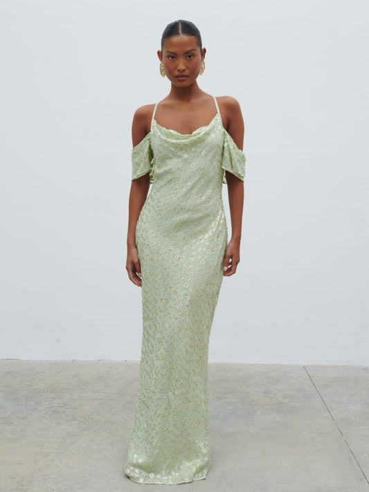 Nia Draped Cold Shoulder Maxi Dress - Pistachio Metallic