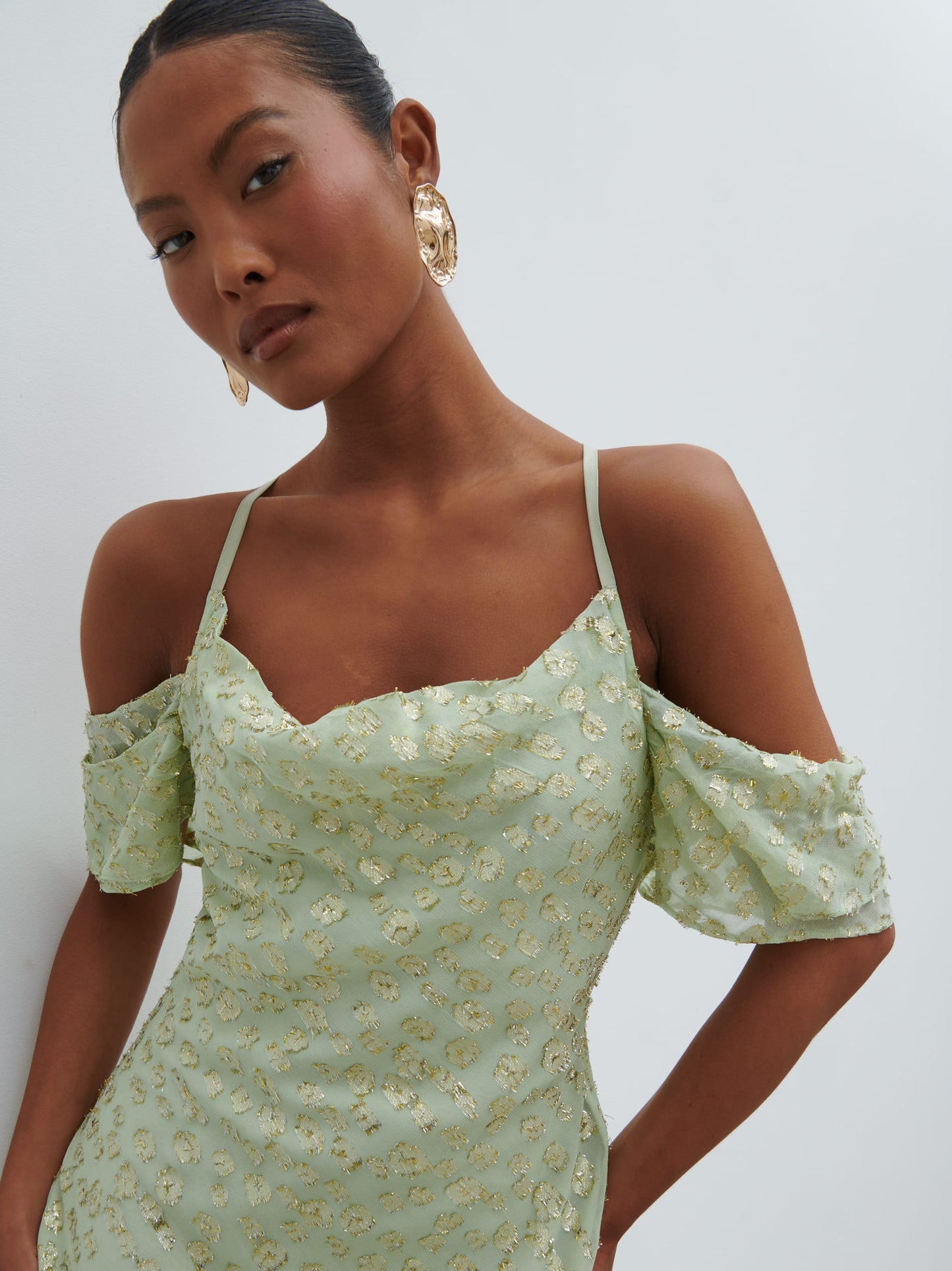 Nia Draped Cold Shoulder Maxi Dress - Pistachio Metallic