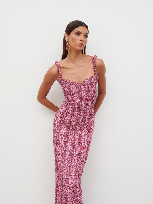 Ola Sweetheart Frill Maxi Dress - Pink and Lilac Abstract
