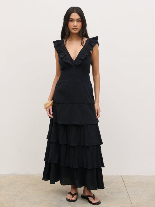 Opal Ruffle Midaxi Dress - Black