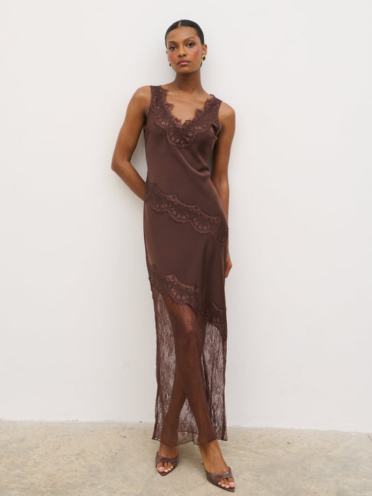 Robin Slip Lace Maxi Dress - Chocolate Brown