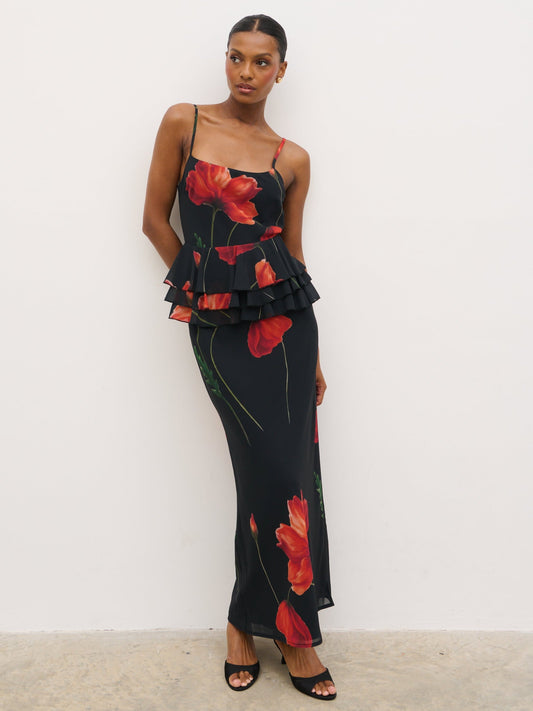 Rosie Peplum Ruffle Maxi Dress - Largescale Poppy Petal Red
