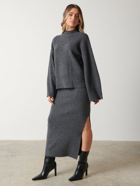 Sloane Knit Slit Midaxi Skirt - Charcoal Grey