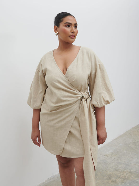 Tamara Wrap Mini Dress Curve - Natural