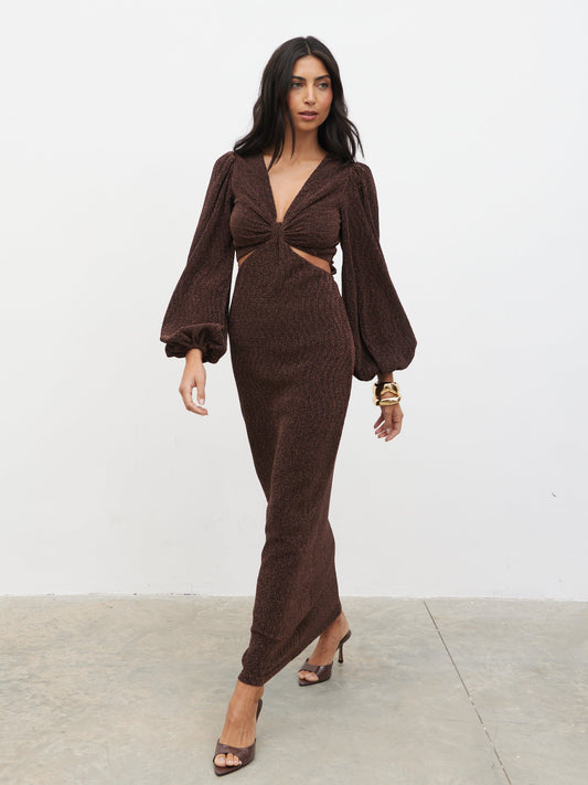 Zaya Lurex Metallic Maxi Dress - Brown