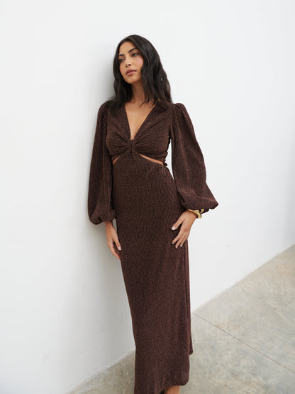 Zaya Lurex Metallic Maxi Dress - Brown