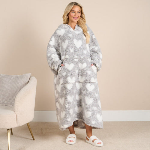 Adults Extra Long Heart Teddy Marl Hoodie Blanket - Charcoal 🇬🇧