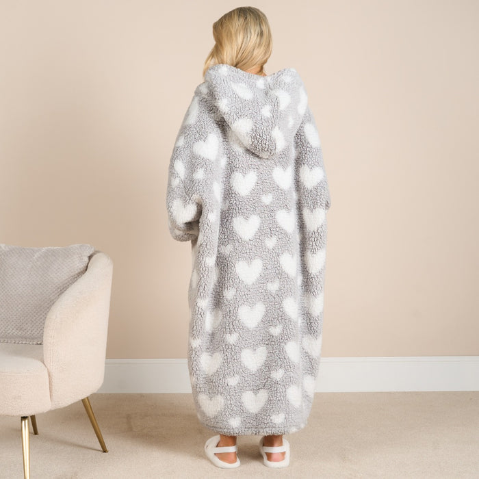 Adults Extra Long Heart Teddy Marl Hoodie Blanket - Charcoal 🇬🇧