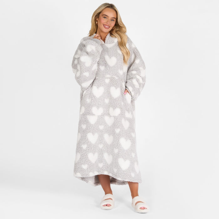 Adults Extra Long Heart Teddy Marl Hoodie Blanket - Charcoal 🇬🇧