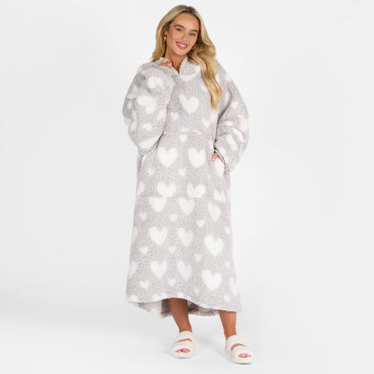 Adults Extra Long Heart Teddy Marl Hoodie Blanket - Charcoal 🇬🇧