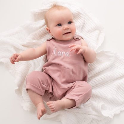 Dusty pink baby embroidered name dungarees with 'Lara' chest embroidery